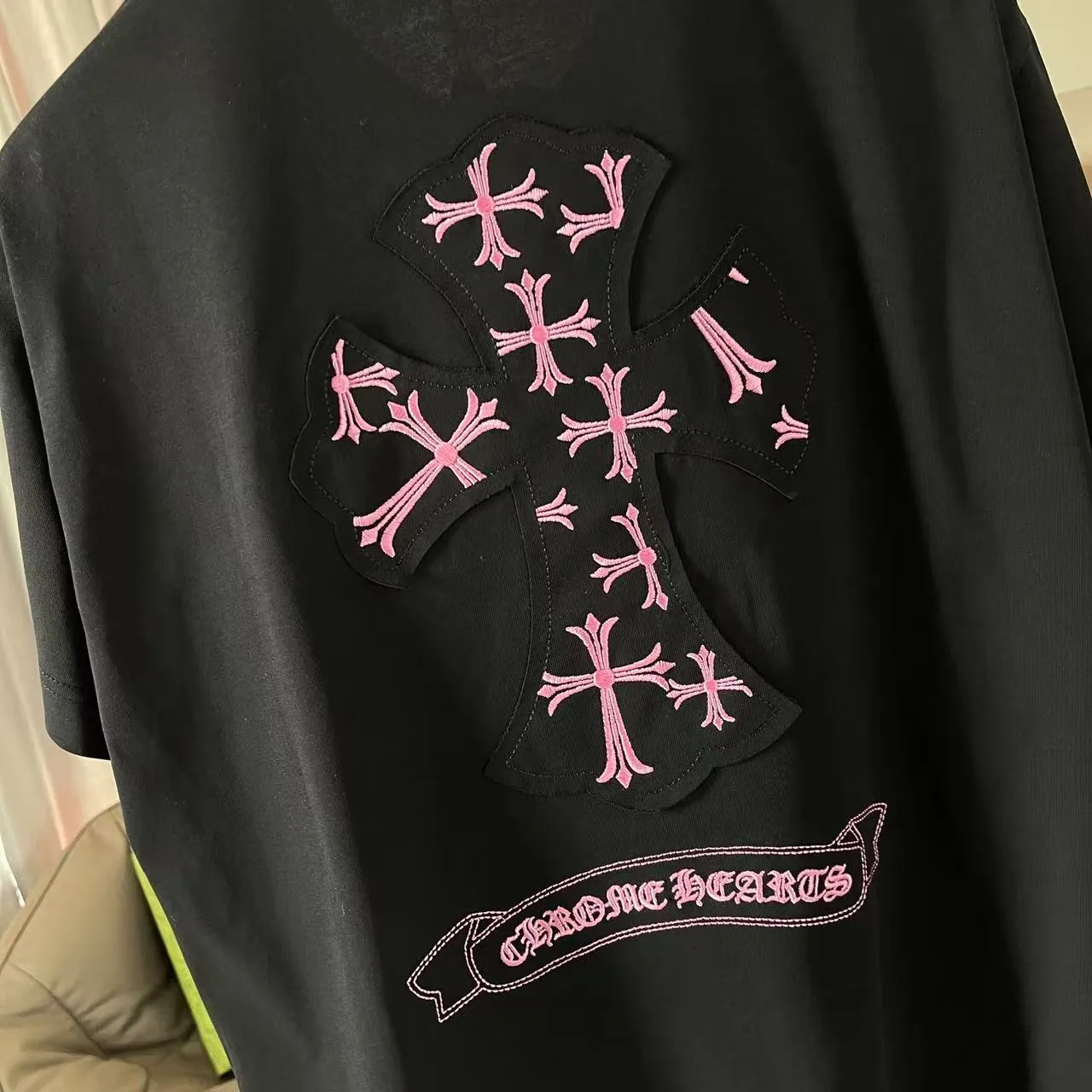 🅿️200 ch Cro* 2025 spring and summer new style Sanskrit horseshoe cross laser patch embroidery short-sleeved t-shirt custom fabric 300g same style for men and women Size: S M L XL XXL Five codes Color: black white